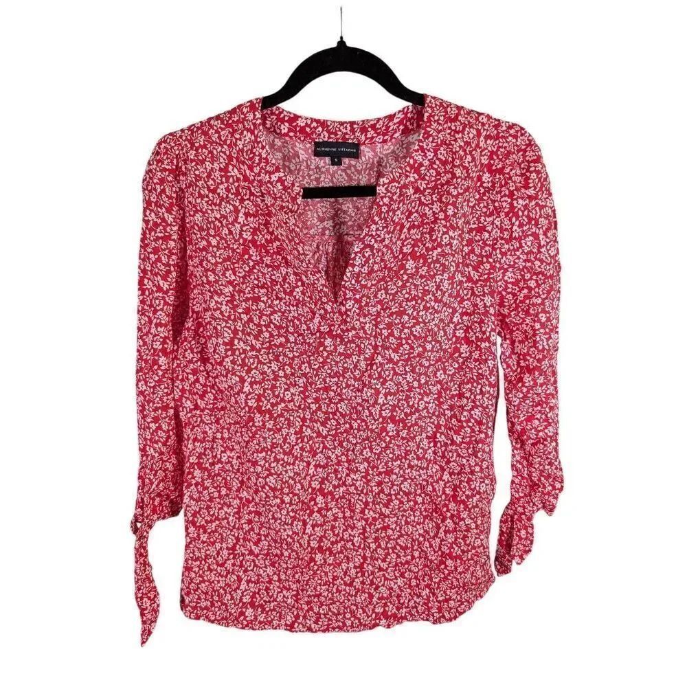 Adrienne Vittadini Red with White Flora Print Blouse Women's Size Small